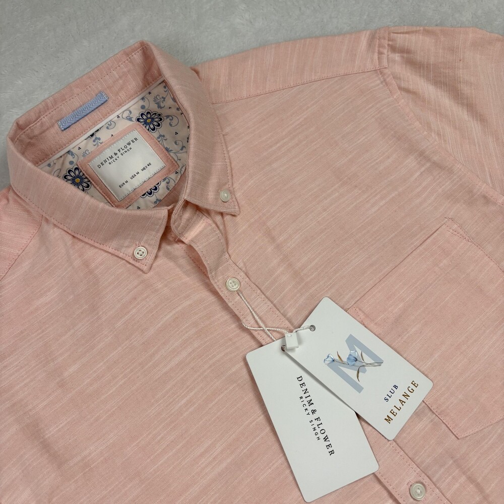 Denim & Flower Shirt Mens M Pink Slub Melange Button-Up Short Sleeve Casual